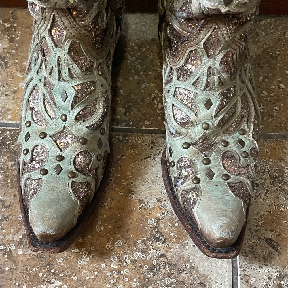 Corral Glitter Embellished Green Women's Western Boots Genuine Leather Snip Toe - Picture 5 of 8